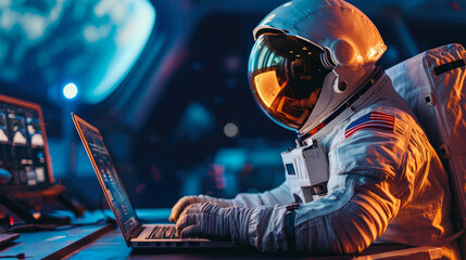 Wall Mural - Spacebound Professional: Astronaut at Laptop Close-Up