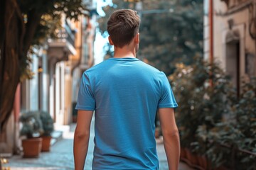 Wall Mural - Man In Blue Tshirt On The Street, Back View, Mock Up