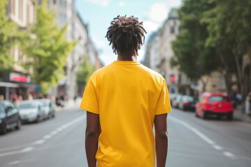 Wall Mural - Mock Up Of A Man In A Yellow T-Shirt Seen From Behind, On The Street