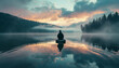 Meditative Solace at Dawn: A Lone Person in Contemplation on a Serene Mountain Lake with Mist Rising