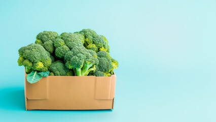 Wall Mural - Fresh raw green broccoli in eco friendly cardboard box against blue background. Creative food concept. Healthy diet vegan organic food, vitamins, cooking ingredient. Local vegetable. Copy space