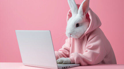 Bunny wearing hoodie sitting at desk with laptop on pink background. Online shopping, learning or remote work concept.