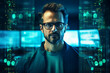 © Tetiana - Secret hacker organization workplace data IT specialist near big screen with code Generative AI