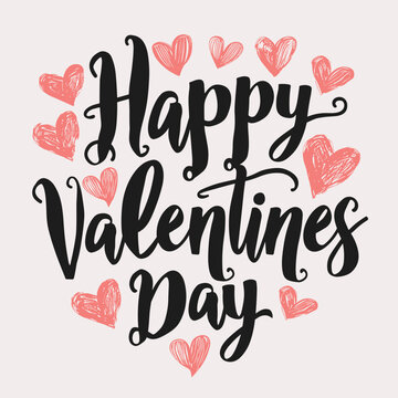 Happy Valentines Day handwritten black calligraphy text on a white background with pink hearts