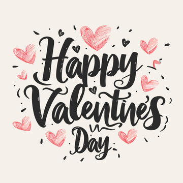 Happy Valentines Day handwritten black calligraphy text on a white background with pink hearts