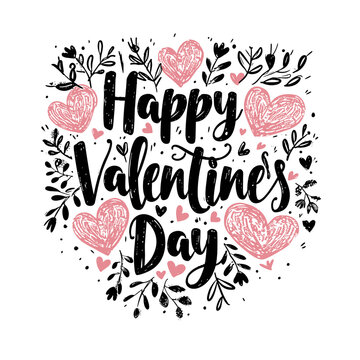 Happy Valentines Day handwritten black calligraphy text on a white background with pink hearts