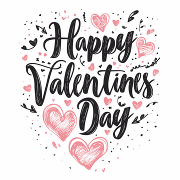 Happy Valentines Day handwritten black calligraphy text on a white background with pink hearts
