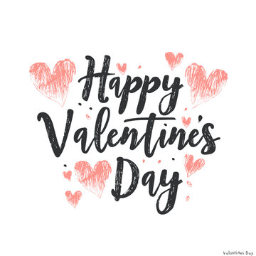 Happy Valentines Day handwritten black calligraphy text on a white background with pink hearts