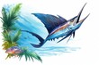 A swordfish jumps out of water with a tropical setting, isolated on a white background. Generative AI
