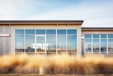 Fototapeta  - prairie landscape, long ribbon windows on lowrise building