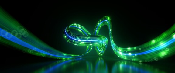 3d render. Abstract neon background. Fluorescent lines glowing in the dark room, floor reflection. Virtual dynamic curvy ribbon. Fantastic panoramic wallpaper. Digital data transfer. Energy concept