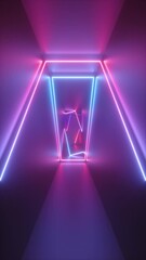 Poster - 3d abstract looping vertical video, geometric background with neon lines appearing in endless tunnel