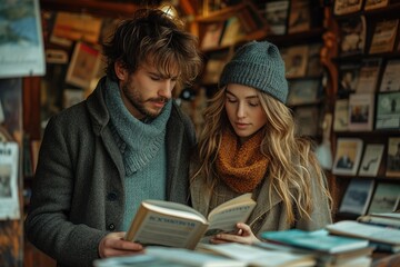 Poster - a couple looking at documents, wealthy portraiture, light silver and brown