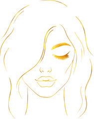 Wall Mural - Portrait of young woman in line art style with golden foil effect.