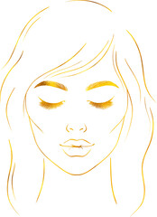 Wall Mural - Portrait of young woman in line art style with golden foil effect.