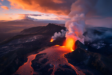 Poster - Volcano eruption with smoke and fire, inferno on the earth, apocalyptic landscape