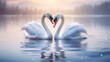 Dois cisnes brancos no lago fazendo um formato de coração 