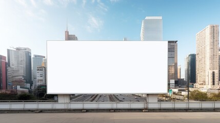 Wall Mural - Cityscape billboard mockup: blank white horizontal ad space in urban environment during daytime - front view, advertising concept