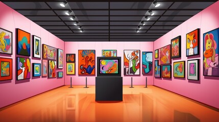 Wall Mural - Modern contemporary art gallery museum exhibition interior illustration in cartoon style. Bright colors, empty room scene for game background