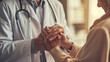Close-up of a healthcare professional's hands gently clasping the hands of an elderly patient, suggesting care, comfort, and support.