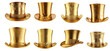 set of golden top hats isolated on transparent background 