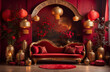 Opulent Red Ambiance Interior Decoration with Golden Lanterns and red sofa and Royal Chinese Vibe