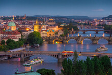 View Of Charles Bridge And Prague Downtown Crossing The Moldava River (Vltava River) In Prague, Praha, Czechia, Czech Republic.