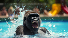 Excited Gorilla Ape In Pool Swimming And Playing In The Water