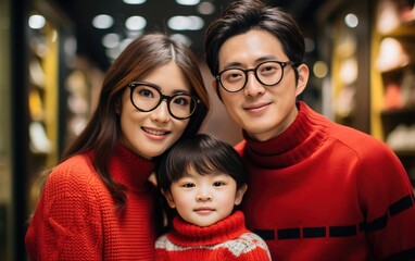 Wall Mural - Asian smiling parents with kid wearing red new year clothes