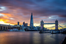 View Of London Bridge And The Shards At Sunset In London, England, United Kingdom.