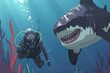 scuba diver and friendly shark cartoon illustration