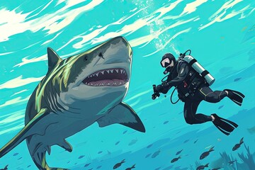 Wall Mural - scuba diver and friendly shark cartoon illustration