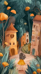 Wall Mural - grungy noise texture art, small village in forest, whimsical fantasy fairytale contemporary creative illustration, 9:16 ratio vertical, Generative Ai