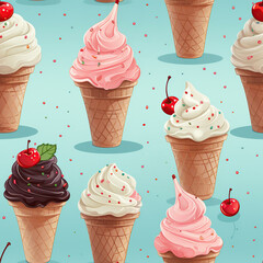 Wall Mural - seamless pattern with ice cream in a waffle with cherry berry on blue background