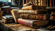 Ancient vintage books and scrolls with dust of time on an old wooden table, creating an atmosphere
