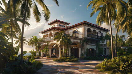 Wall Mural - A large house in a colonial style, surrounded by high palm trees, with a panoramic view of the coa