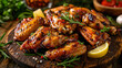 Baked chicken wings with fragrant herbs, lemon and garlic, create a delicious visual image