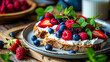 Breakfast with toasts made of whole grain bread, abundantly smeared cottage cheese, fresh berries