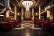 A grand lobby showcasing red chairs and an elegant chandelier, creating a welcoming ambiance for guests, An Art Deco style cinema in a cosmopolitan city, AI Generated