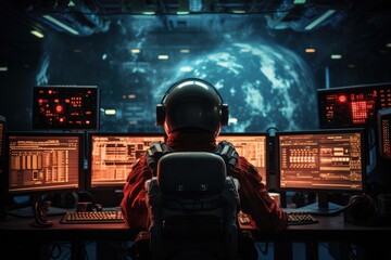 Sticker - A man sits at a desk with multiple computer monitors in front of him, focused and engaged, An astronaut communicating with the control room, AI Generated