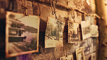 Retro Picture With Vintage Photos Hung On Ropes With Pins