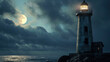 The lighthouse, illuminated by moonlight on a gray night, recalls the ancient navigation history