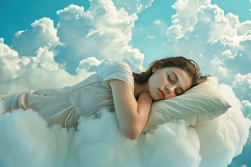 Wall Mural - Soft, ethereal sleeping portrait, clouds and blue sky setting.