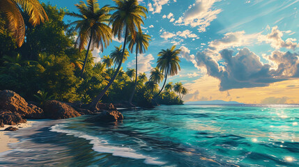 the winding palm trees standing by the shore create the impression of a picturesque tropical corne