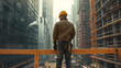 © john - n architect, mid-30s, standing on a construction site in hard hat and boots, gazing at a half-built skyscraper with intense focus. professional people- capturing the world of work.