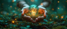 Hands Hold Up An Animated Green Light Bulb On A Green Background, In The Style Of Detailed Nature Depictions, Systems Art, Scientific Diagrams