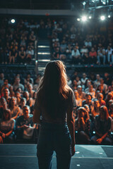 Woman Speaker Addressing Audience at Indoor Event, Rear view of female speaker presenting to attentive crowd