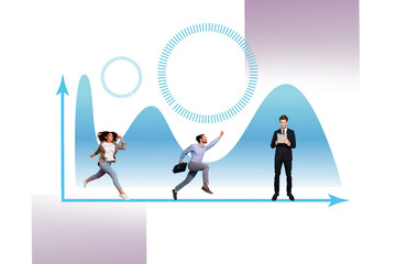 Poster - Creative collage picture illustration teamwork success trader strategy boss young woman men run jump fast colorful background