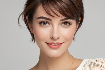 Portrait beautiful model woman with white teeth smile, healthy hair and beauty skin on light background. Concept of advertising dentist and facial care. Generative AI