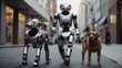 A robot as a dog walker has become the norm in a near future where machines come closer to humans, performing walking duties with four-legged friends. Modern robots roam city streets at ease